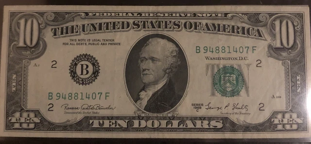 1969 C 10 Dollar Bill Ten Federal Reserve Note FRN Rare US Currency