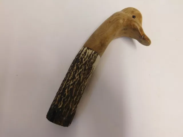 Antique, Vintage Walking Stick Top, Carved Wooden Duck On Staghorn Mount.