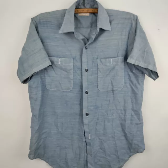 Vintage Sears Perma Prest Shirt Medium Blue Thrashed Cotton Poly USA Made 70s