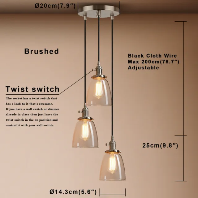 Cluster 1/3 Retro Industrial Lamp Bell Glass Shade Loft Ceiling Pendant Light 2