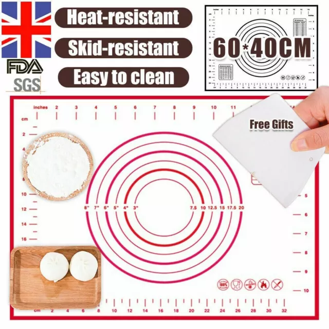 UK Large Non_Stick Silicone Sheet Dough Rolling Mat Baking Tray Pastry w/Scraper
