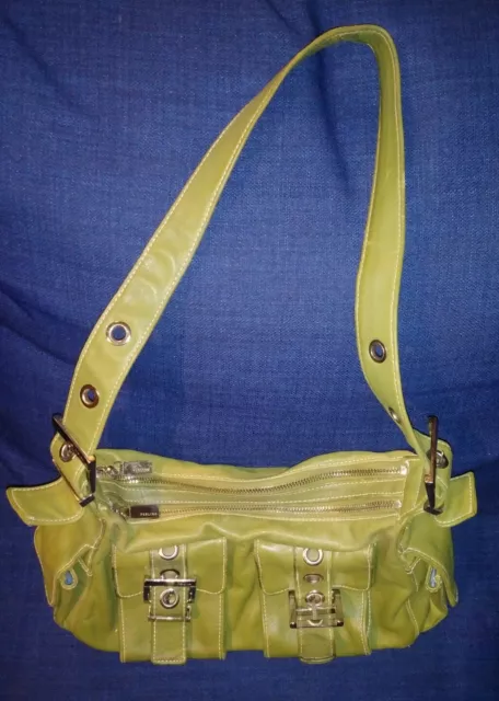 Perlina New York Green Shoulder Leather Handbag Purse Multiple Pockets Pre-Owned