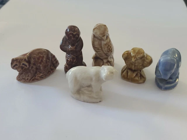 Lot Of 6 Miniature Animal Figurines, Monkey, Owl, Elephant, Raccoon, Bear, Eagle