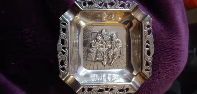 Small silver ashtray with decorative tavern scene | Danish / German JVZ90