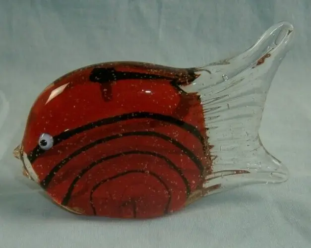 Vintage Tropical Fish Art Glass Paperweight Orange & Black Striped 3"