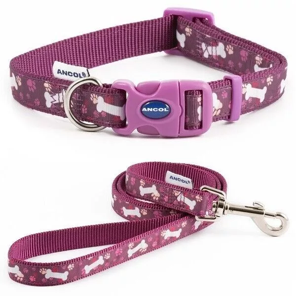 Ancol Dog Adjustable Collar Lead Purple Bone Nylon Snap Buckle Puppy Fashion