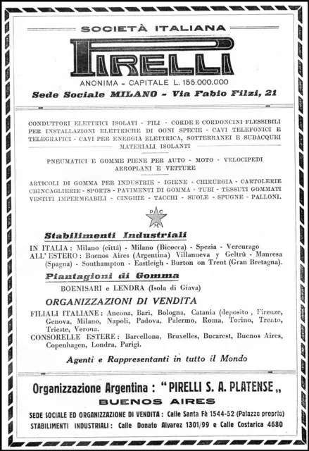 Pubblicita' 1930 Gomme Pirelli Prodotti Stabilimenti Piantagioni Gomma Argentina