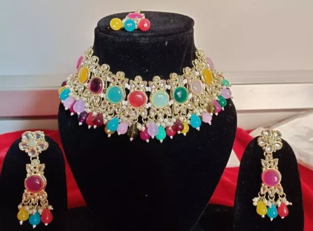 Indische pakistanische Bollywood Braut Kundan Halskette Ohrringe Modeschmuck Set