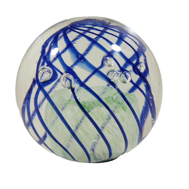 Vintage Studio Art Glass Blue  Swirl Paperweight  Bubbles