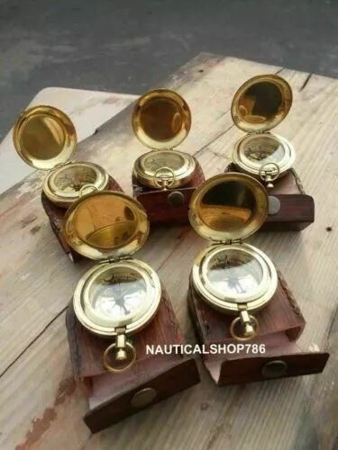 Lot Of 5 Antique Brass Compass With Case Maritime Push Button Compass