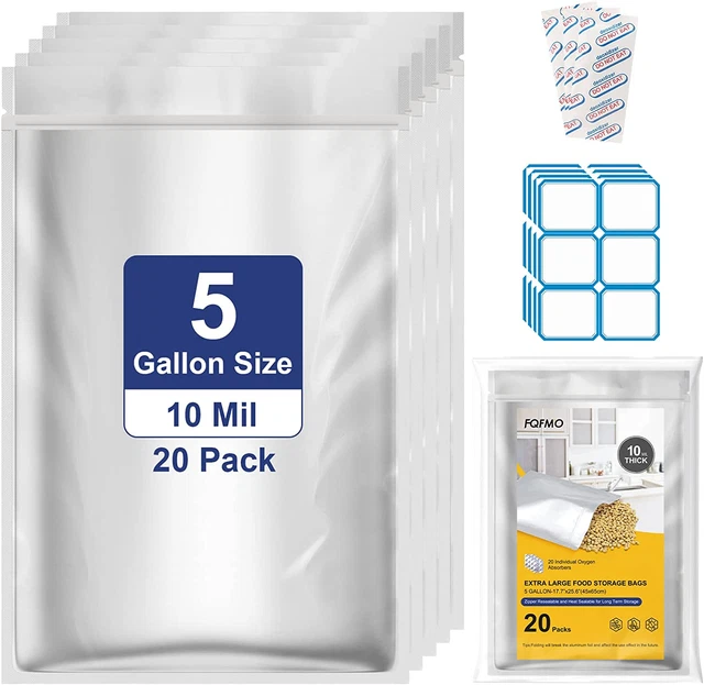 20 Packs 5 Gallon 10 Mil Mylar Bags for Food Storage with 2000Cc Oxygen Absorber