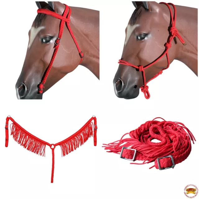 53DL Hilason Horse Headstall Breast Collar Halter Reins Braided Paracord Red