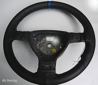 Per Fiat Idea (03-12) Nero Perforata Pelle + Blu Cinturino Copertura Del Volante