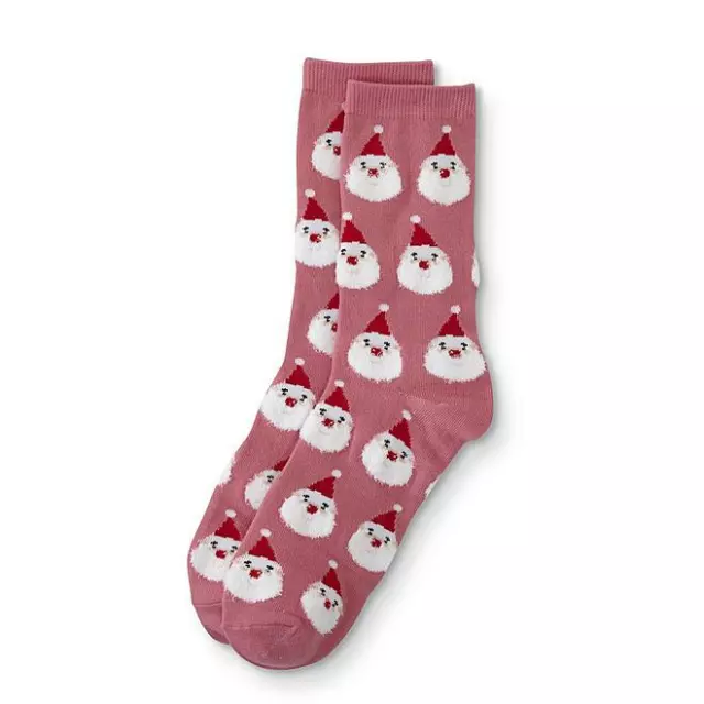 Holiday Novelty Crew Socks Women's Shoe Size 4-10 Pink Santa Face  1 Pair NEW