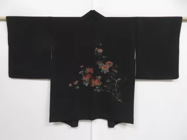 1207i10z590 Vintage Japanese Kimono Silk HAORI Black Chrysanthemum