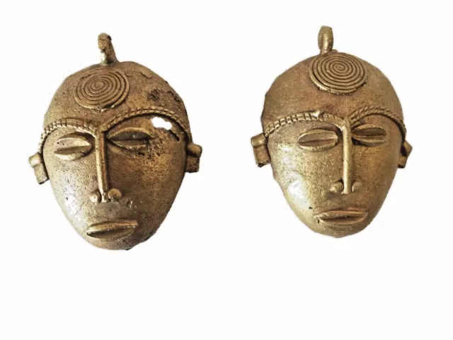 African Baule Gold Weight Passport/Pendant Bronze Mask  S/2   2.75" h