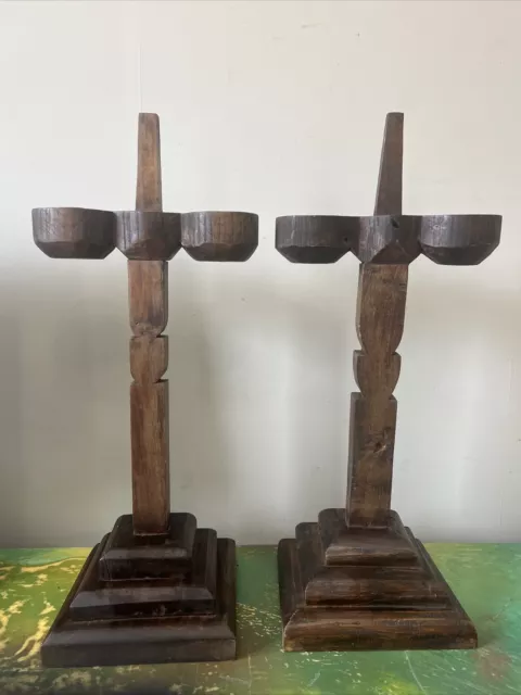 Vintage Pair Primitive Wooden Candleholders Large Rustic Cross Votive Handcarved