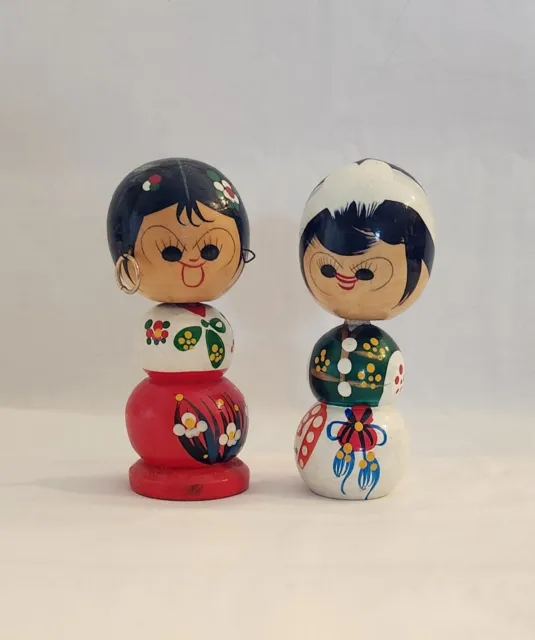 Vintage Pair Hand-Painted Japanese Wooden Kokeshi Bobble/Nodder Dolls 4” Korea