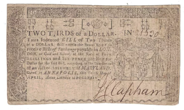 U.S. (Maryland) - 4/10/1774 Two-Thirds Dollar Colonial Currency