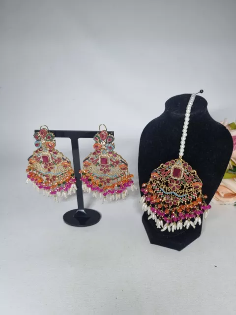 Indian Pakistani Earrings And Tikka Set With Nauratan Stones