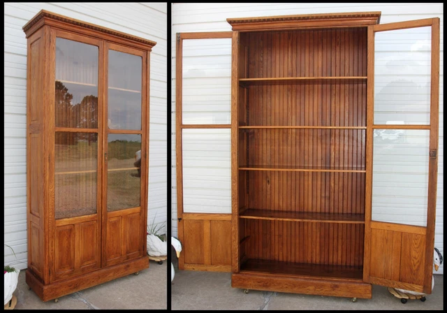 Antique LG 8' H Oak Raised Panel 2 Dr Display Case Showcase Cabinet Bead Molding