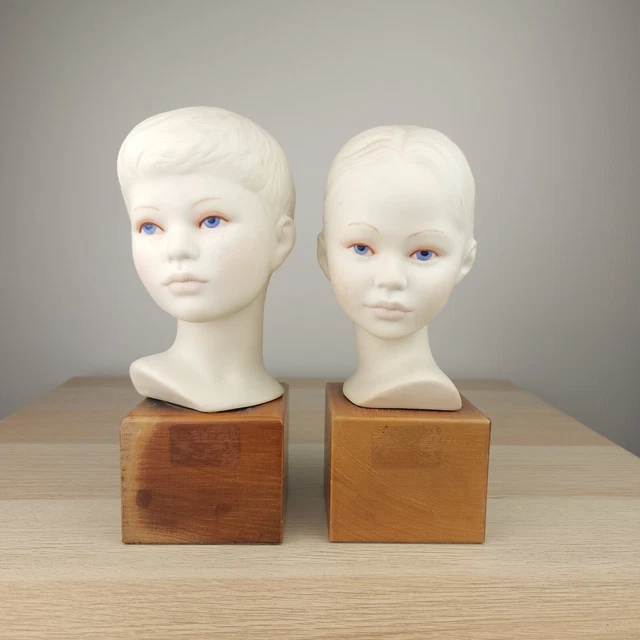 Pair of CYBIS Boy & Girl Porcelain Bisque Busts on Stand