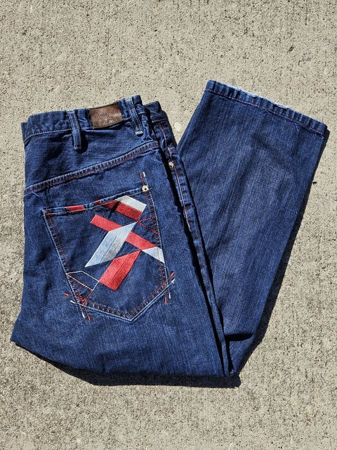 Sean John Jean Men 38 Dark Baggy Leg Easy Case Grudge Denim Patch Work NWT