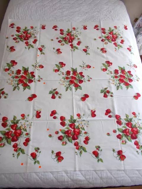 Vtg Cotton Printed Tablecloth Craft Cutter Strawberries 48"X54" Spots