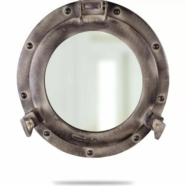 11" Redondo Portilla Ventana Aluminio Antigüedad Verde Con / Espejo Nautico