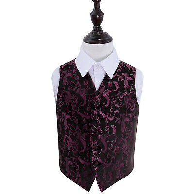 DQT Woven Floral Black & Purple Page Boys Wedding Waistcoat 2-14 Years