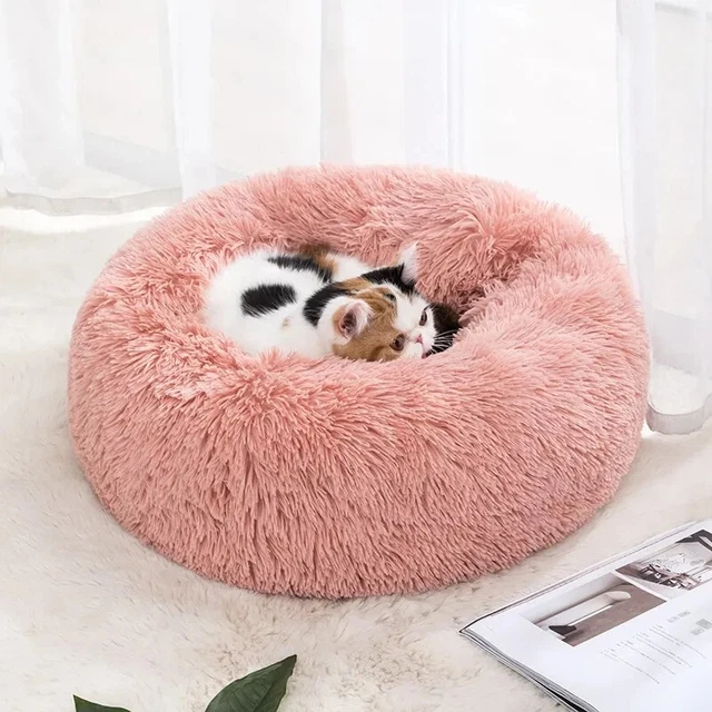 Pet Dog Cat Bed Donut Plush Fluffy Soft Warm Calming Bed Sleeping Kennel Nest 2