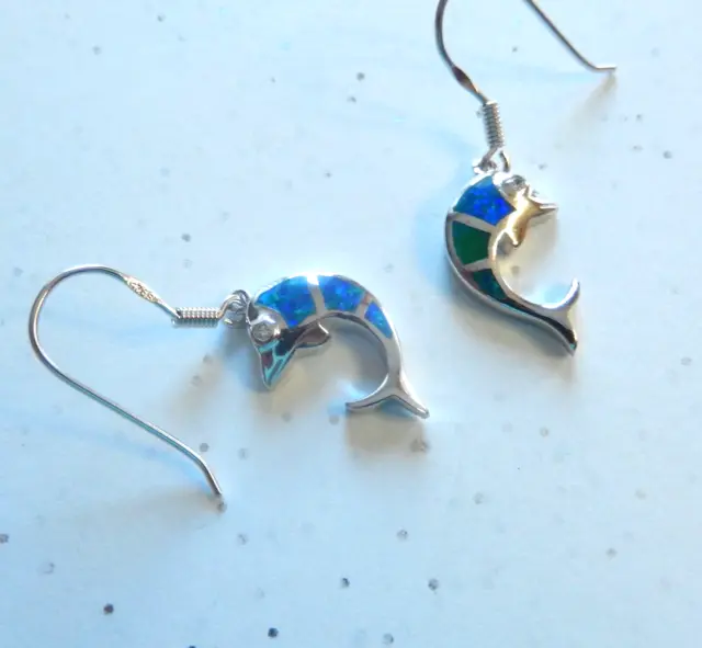 Sterling Silver Earrings -dolphins -opal green blue-french wire