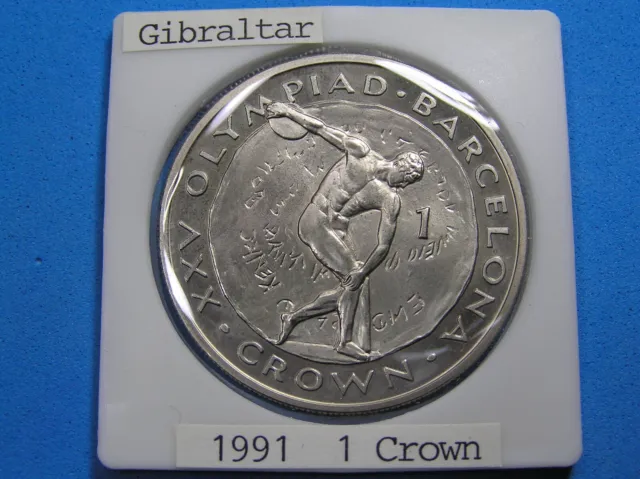 Gibraltar 1 Crown CuNi Coin, 1991 UNC Barcelona Olympics Discus Thrower KM-66