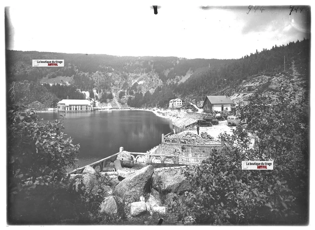 Antique photo glass plate positive black & white 13x18 cm Vosges bus Lac Noir