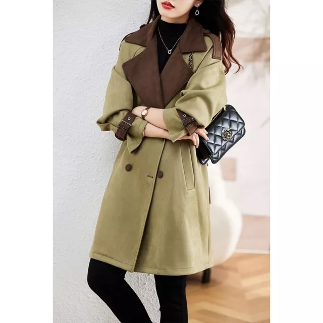 Suede Trench Coat Women Spring 2024 New Fashion Belted Lapel Collar Windbreaker 3