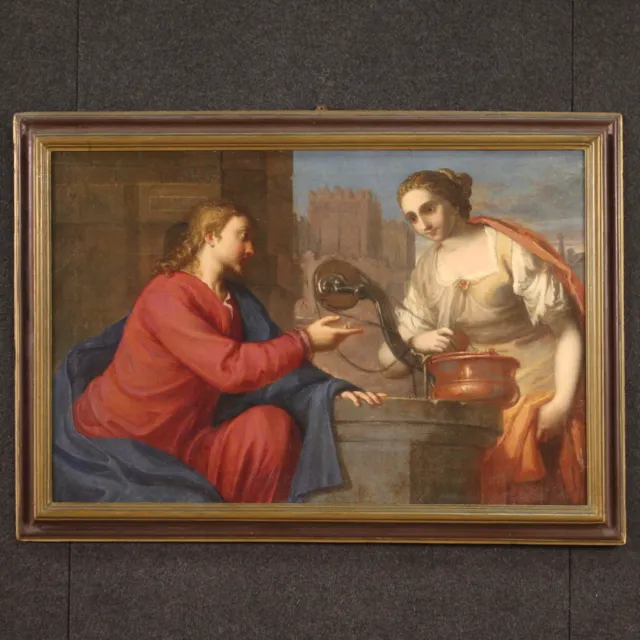 Mujer samaritana en el pozo oleo lienzo antiguo pintura religiosa siglo XVII