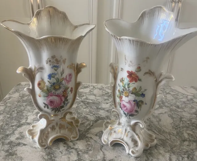 Pair Matching   Antique Hand-Painted & Gilt Floral  Porcelain Spill Vases 8.50 “