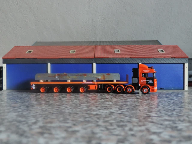HERPA, SCANIA CS 20 HD 6X4 avec remorque 4 essieux SUEDE COMBI blanc, échelle... EUR 36,90