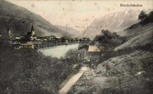 AK 1906 vue de BISCHOFSHOFEN sur la Salzach jusqu'au centre-ville avec églises