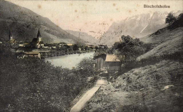 AK 1906 vue de BISCHOFSHOFEN sur la Salzach jusqu'au centre-ville avec églises