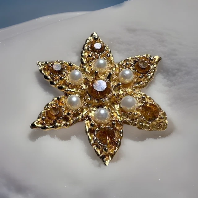 Broche Florale Ancienne En Cristal Rose Et Doré Plaqué Or - Années 1930-1950, Bel état D'usage - Bijou Vintage