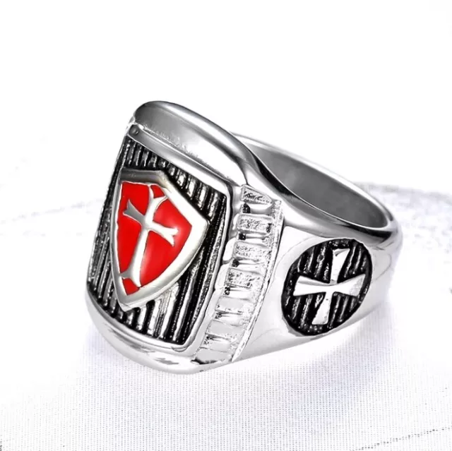 Mens Shield Cross Knights Templar Ring Silver Stainless Steel Size 7-15