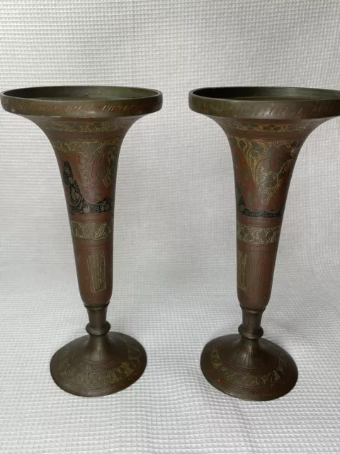 (2) Vintage Brass Embossed Etched Art Hand Painted Vase / Candle Holder Etched