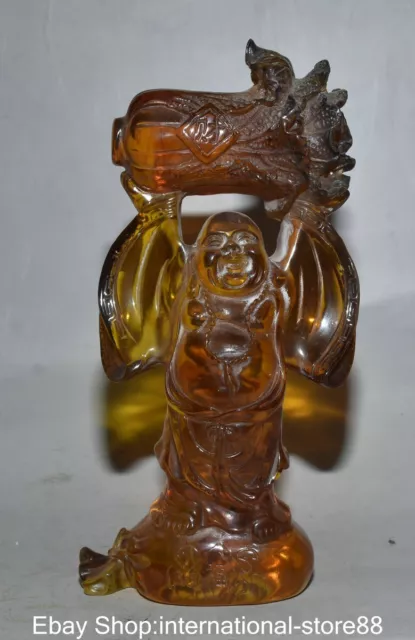 8.4" Old Chinese Red Amber Carving Feng Shui Laugh Maitreya Buddha Hold Cabbage
