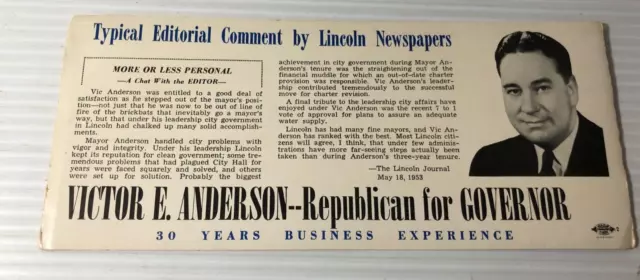 Vintage INK BLOTTER Victor E Anderson Republican for NEBRASKA Governor  1953