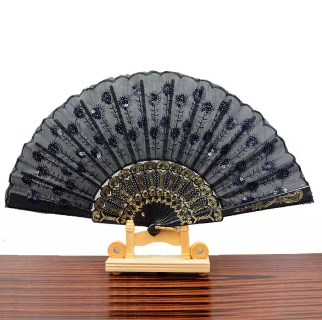 Spanish Lace Silk Folding Hand Held Dance Fan Flower Pattern for Party Wedding