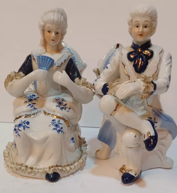 Vintage Victorian Couple Sitting Porcelain Figurine 7.5" Tall White Blue Gold
