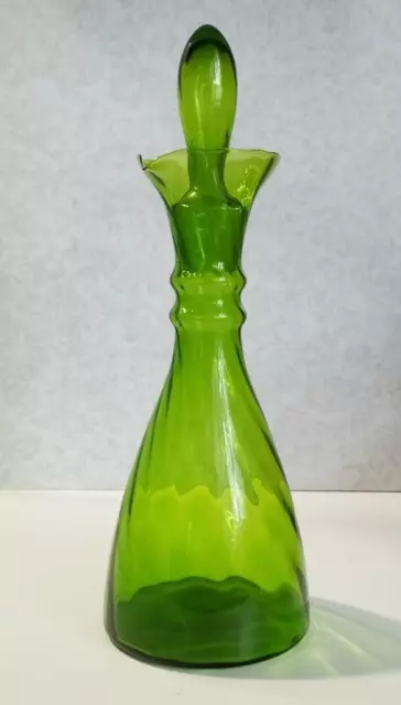 Retro Vintage ‘GENIE’ BOTTLE GLASS DECANTER, EMPOLI Italy. Green. + Orig Stopper