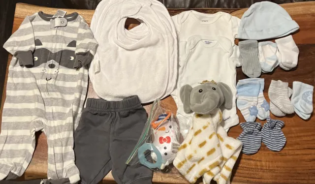 22pc Newborn Bundle New & Used Items Bibs, Body Suits, Pants, Beanie & More!
