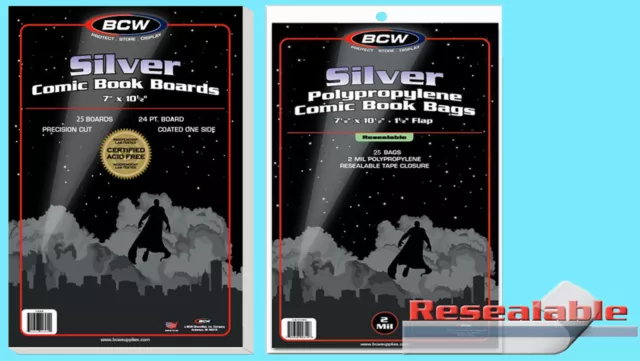 25 BCW SILVER RESEALABLE COMIC BOOK BAGS & BACKING BOARDS Clear Plastic No Acid